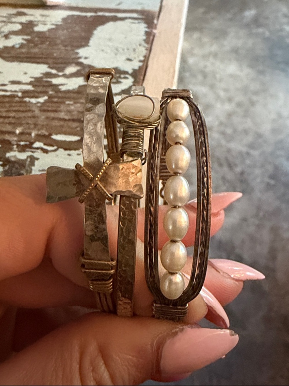 Women’s Pearl and Hammered Metal Multi-Row Bracelet Stack